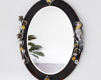 Handmade Oval Mirror with Baltic Amber and Silver Parrot Ornament – Tan American Walnut Frame
