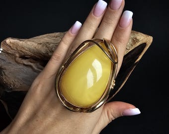 Huge Monalisa amber ring | Gold plated natural amber ring | Gemstone ring | Real Baltic amber.