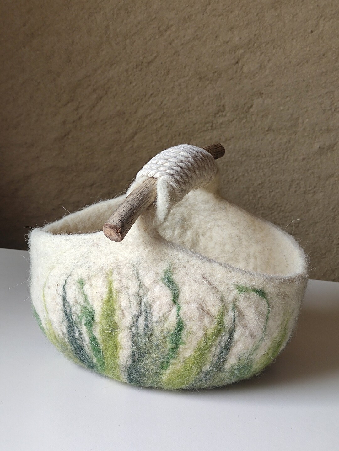 Felted Vessel, Felt Bowl, Wool Natural Bowl, Wooden Handle, Felt Basket