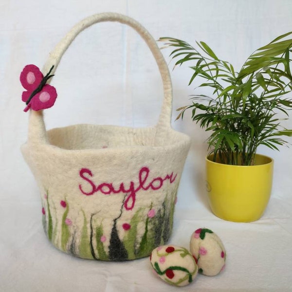 Personalized Easter Basket, Kids Easter Bucket, Fairy Felted Wool Basket