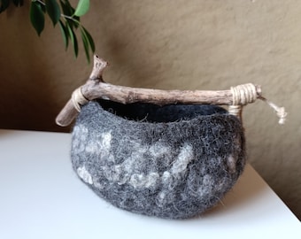 Felted Vessel, Felt Bowl, Wool Natural Bowl, Wooden Handle, Felt Basket, Gift Handmade Felted Wool Bowl