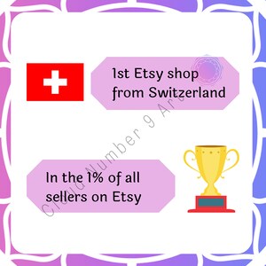 Op de afbeelding: Een afbeelding met de Zwitserse vlag en de tekst "1e Etsy shop uit Zwitserland" en "In de 1% van alle verkopers op Etsy." Een gouden trofee is ook afgebeeld.