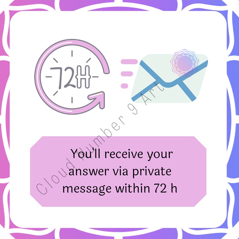 Op de afbeelding: Digitale afbeelding met een klok die "72H" weergeeft en een envelop met een decoratief zegel. Tekst luidt "U ontvangt uw antwoord via priv&eacute;bericht binnen 72 uur". Het ontwerp heeft een paarse en blauwe rand.