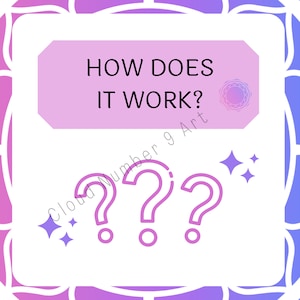 Op de afbeelding: Een digitale afbeelding met een witte achtergrond, met de tekst "HOW DOES IT WORK?" in het zwart, geplaatst in een lichtpaarse vorm. Daaronder staan drie roze vraagtekens, met paarse steraccenten. De afbeelding heeft een decoratieve paarse en blauwe rand.