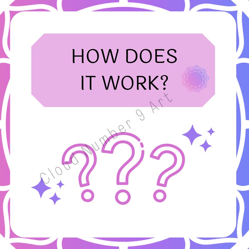 Op de afbeelding: Een digitale afbeelding met een witte achtergrond, met de tekst "HOW DOES IT WORK?" in het zwart, geplaatst in een lichtpaarse vorm. Daaronder staan drie roze vraagtekens, met paarse steraccenten. De afbeelding heeft een decoratieve paarse en blauwe rand.