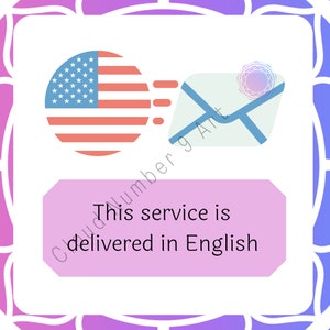 Op de afbeelding: Illustratie met de Amerikaanse vlag als cirkel en bewegingslijnen naar een envelop. De envelop heeft een juweelachtig zegel. De tekst luidt: "Deze service wordt in het Engels geleverd."