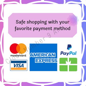 Op de afbeelding: Afbeelding met logo's van Mastercard, Visa, American Express en PayPal. Tekst: "Veilig winkelen met uw favoriete betaalmethode" op een roze achtergrond, met een decoratieve paarse en witte rand.