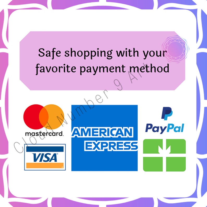 Op de afbeelding: Afbeelding met logo's van Mastercard, Visa, American Express en PayPal. Tekst: "Veilig winkelen met uw favoriete betaalmethode" op een roze achtergrond, met een decoratieve paarse en witte rand.