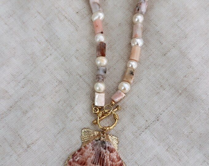 Featured listing image: The Gemstone Collection -  Natural Pink Opal Gemstones with Pearls & Shell - Necklace