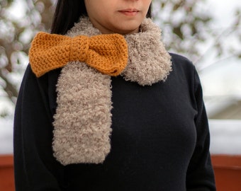 Ladies' Faux Fur Knitted Ribbon Scarf | Woman Knitted Scarf with Big Ribbon | Knitted Knot Neck Warmer