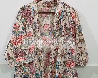 Kimono in 100% cotone, Kimono in puro cotone, Kimono in cotone, Abbigliamento da festival, Kimono Kaftan, Kimono, Vestaglie da donna, Stampa uccelli e fiori