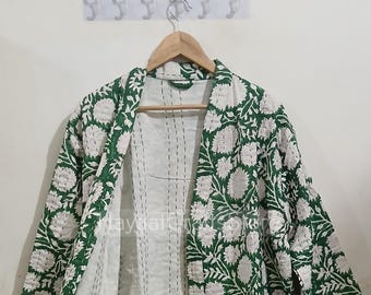 Block Print Kantha Cotton Robe, Indian Quilted Kimono