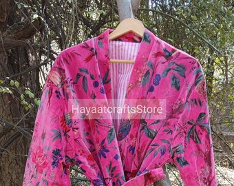 Bird Print Velvet Kimono Robes, Wine Color Morning Tea Velvet Coat, Bridesmaid Robe Women Wear Cotton Velvet robe Velvet Jacket