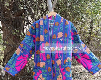 Indian Cotton New Suzani Embroidery Jacket, summer Warmed Coat, Women's Coat, Cotton Quilted Jacket Kimono free shipping