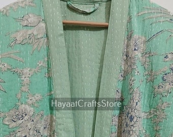 Floral Kantha Quilted Kimono, 100% Cotton Long Jacket Robe