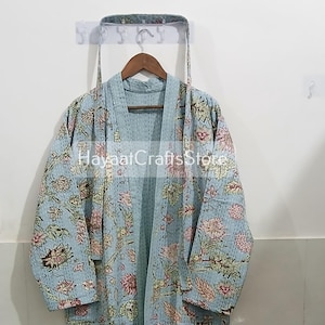 Quilted Kantha Kimono, 100% Cotton Floral Block Printed Long Kimono, Winter & Nightwear Robe, Handmade Kantha Long Jacket With Belt Bathrobe