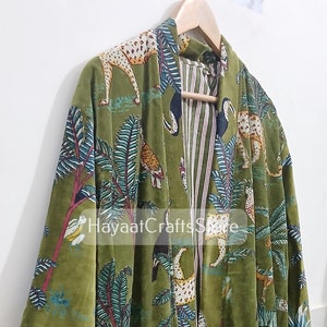 Green Jungle Print Velvet Kimono Robes, Morning Tea Velvet Coat, Bridesmaid Robe, Women Wear Cotton Velvet robe, Velvet Jacket, Bridal Robe