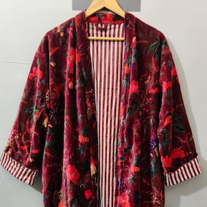 Kimono-Robe aus 100% Baumwolle, Floraler Vogeldruck, Lounge Wear in Freier Größe