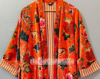 Luxury Velvet House Robe, velvet cotton Kimono Robe, Dressing Gown,wedding robe Bridesmaid winter bathrobe women men gift jacket Orange