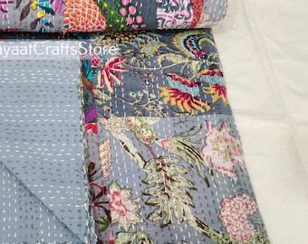 Indian Kantha Quilt Handmade Kantha Bedcover Indian Kantha Bedspread Throw Cotton Blanket Gudari Kantha queen/twin Size Indian Quilt