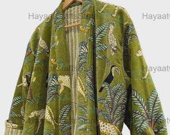 Floral Velvet Kimono Robe, Bohemian Cotton Lined Dressing Gown