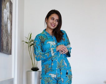 Ensemble de pyjama indien en coton, ensemble de pyjama livraison gratuite - Robe de nuit douce pour femme, pantalon en coton et chemise, ensemble de vêtements de nuit pyjama animaux