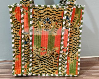 Tiger Print Velvet Tote Bag, Indian Cotton Shoulder Bag