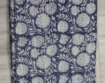 Indian Kantha Quilt Block Printed Kantha Blanket Cotton Kantha Bedspread Handmade Kantha Coverlet Throw Queen & Twin Size Kantha Blue color