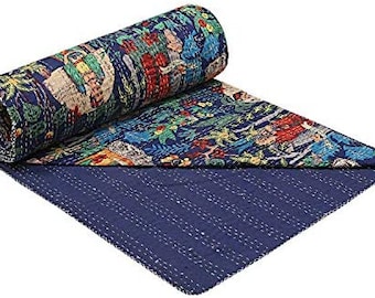 Indian Kantha Quilt Hand Block Print Kantha Throw Indian Blanket Queen Bedspread Kantha Bed Cover Bohemian Quilt Queen Size