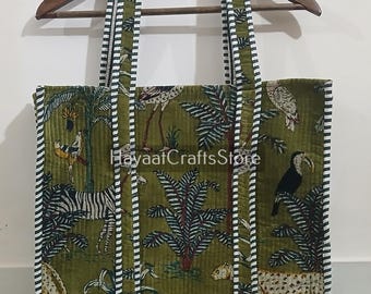 Handmade Velvet Ikat Tote Bag, Green Animal Print
