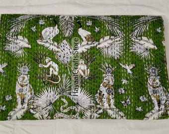 Handmade Kantha Quilt Throw: Reversible Cotton Blanket with Animal Print Fabric