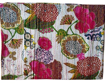 May include: White kantha quilt with a floral pattern in shades of pink, green, brown, and blue. The quilt is hand-stitched and has a vintage look.