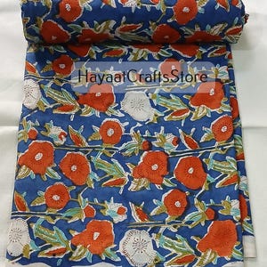 Cotton Floral Hand Block Print Fabric - White and Blue Indian Block print Gift By The Yards