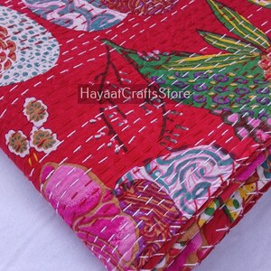 Indian Cotton Floral Kantha Quilt Boho Bedspread Ethnic Bedding Throw Handmade Bohemian King Size Quilted Coverlet Printed Quilt Reversible