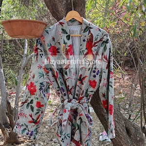 Bird Print Velvet Kimono Robes, Wine Color Morning Tea Velvet Coat, Bridesmaid Robe Women Wear Cotton Velvet robe Velvet Jacket gray