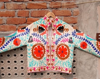 Handmade Suzani Embroidery Jacket, Winter Wear Jacket Coat, Women's Coat, Suzani Short Jacket, Fabric Suzani Jacket, Robe, Gift For Her