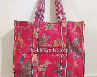 Handmade Quilted Velvet Tote Bag, Printed Cotton Lining