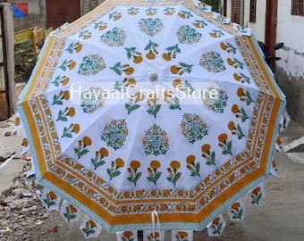 Indischer Blauer Baumwollgarten-Sonnenschirm, Blockdruck-Garten-Regenschirm, indischer 72 "Zoll großer Sonnenschirm, Boho-Strand-Sonnenschutz-Terrassen-Regenschirm."