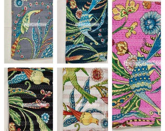 Bird Print Indian Kantha Quilt – Handmade Indian Cotton Bedspread, Floral Boho Bedding Throw Blanket, Reversible Lightweight Quilt Coverlet