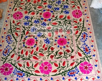 Floral Suzani Throw: Hand Embroidered Bohemian Bedspread
