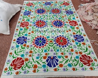 Cotton Suzani Bedspread, twin Size Bedcover, Embroidery Comforter, Suzani Wall Hanging, Floral Bed canvas, Antique Quilt, Boho Suzani Fabric