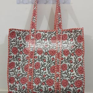Indian Handmade Cotton Quilted Tote Bag Shoulder Bag Floral Printed Block Tote Bag Carry Bag, Women Shopping Bag Travel Tote Bags