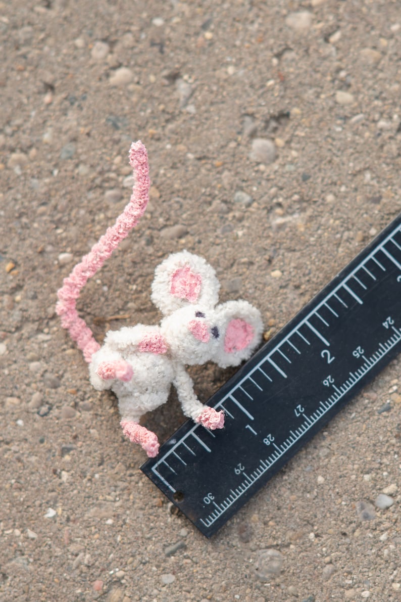 Pu&ograve; includere: Un piccolo topo bianco all'uncinetto con orecchie e coda rosa, misurato con un righello nero.