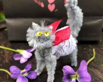 FUNNY FERALS! In a dress. One Posable Chenille Stem, Pipe Cleaner kitty Cat (vegan materials)