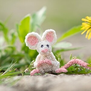Pu&ograve; includere: Un topo bianco all'uncinetto con orecchie rosa e un naso rosa seduto su una roccia con erba verde sullo sfondo.