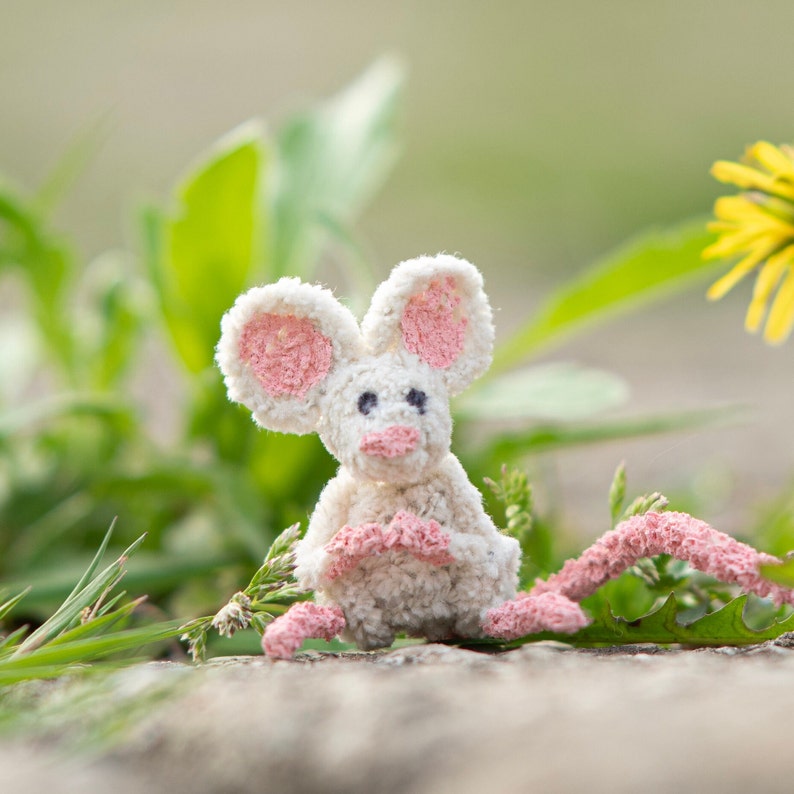 Pu&ograve; includere: Un topo bianco all'uncinetto con orecchie rosa e un naso rosa seduto su una roccia con erba verde sullo sfondo.