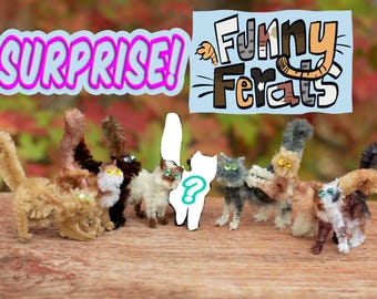 Op de afbeelding: Een verzameling handgemaakte pijpenrager kattenbeeldjes in verschillende kleuren, waaronder bruin, grijs en beige, met wiebelogen. De afbeelding bevat de tekst "SURPRISE!" en "Funny Ferals" in een speelse letter.