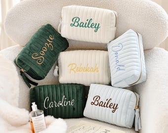 Gepersonaliseerde fluwelen make-uptassen, geborduurde make-uptassen, reiscadeaus voor dames, toilettassen voor bruidsmeisjes.