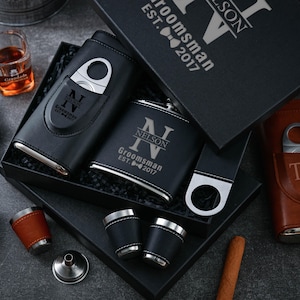 Customized Best Men&#39;s Cigar Flask Kit, Hip Flask Cigar Case and Bottle Opener for Groomsmen, Personalised Groomsmen Flasks