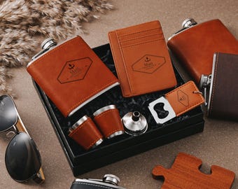 Personalized Leather Flask & Card Holder Set - Groomsmen Gift Box